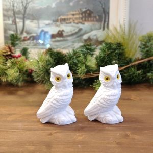 Vintage Alabaster Owl Pair With Yellow Eyes